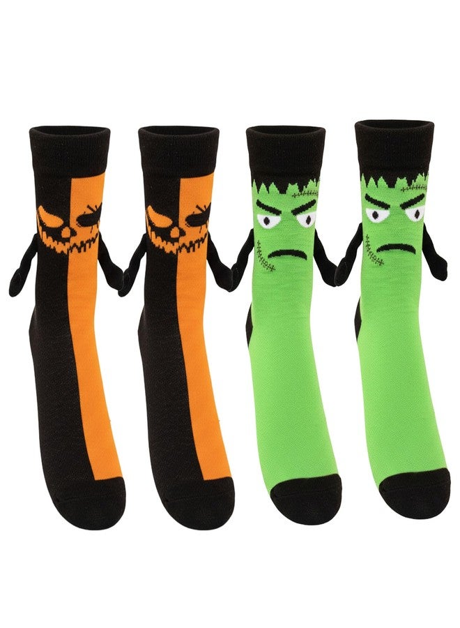 Blinket 2 Pairs Halloween Novelty Sock - Magnetic Funny Couple Best Friend Gift, Evil Pumpkin Faces and Green Zombies Holding Hands Sock Funny 3D Magnetic socks for Man Women - Image 1